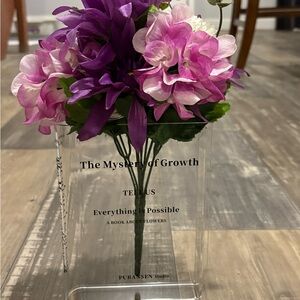 Clear Acrylic Vase with Purple and Pink Floral Display